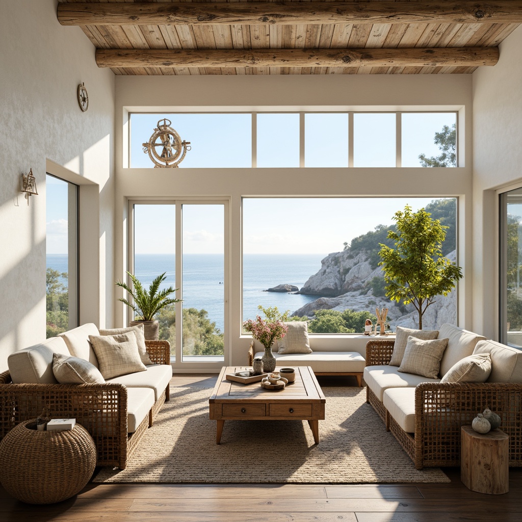 Prompt: Coastal-themed living room, large windows, ocean views, natural light, airy atmosphere, driftwood accents, woven sea grass furniture, calming color palette, soft beige tones, creamy whites, blues and greens, nautical decorations, shells, ropes, anchors, vintage navigation instruments, distressed wood flooring, plush area rugs, comfortable sofas, oversized pillows, minimal ornamentation, rustic-chic decor, organic textures, 1/1 composition, warm golden lighting, subtle depth of field.