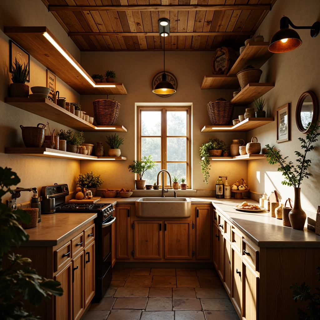 Prompt: Cozy pantry interior, warm ambient lighting, soft yellow glow, recessed ceiling lights, under-cabinet LED strips, pendant lamps, rustic wooden shelves, natural stone countertops, earthy tone ceramics, woven baskets, vintage metal signs, industrial-chic decor, morning sunlight, gentle shadows, subtle gradient effects, 1/1 composition, realistic reflections.