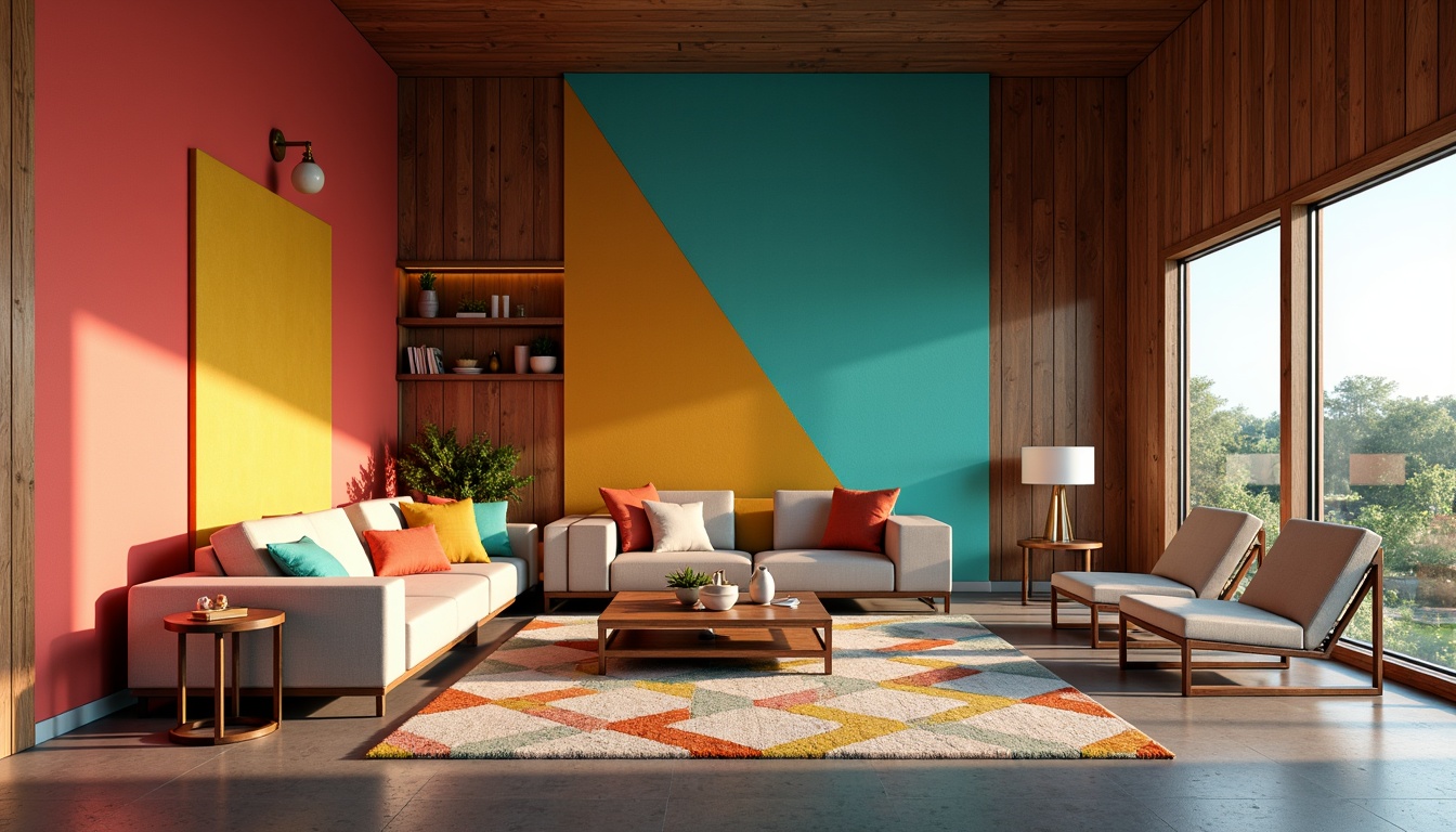 Prompt: Vibrant modern interior, bold accent walls, rich wood tones, sleek metal fixtures, pops of bright coral, turquoise, and yellow, plush throw pillows, geometric patterned rugs, minimalist coffee tables, elegant floor lamps, natural stone flooring, large windows, abundant sunlight, soft warm glow, shallow depth of field, 1/1 composition, realistic textures, ambient occlusion.