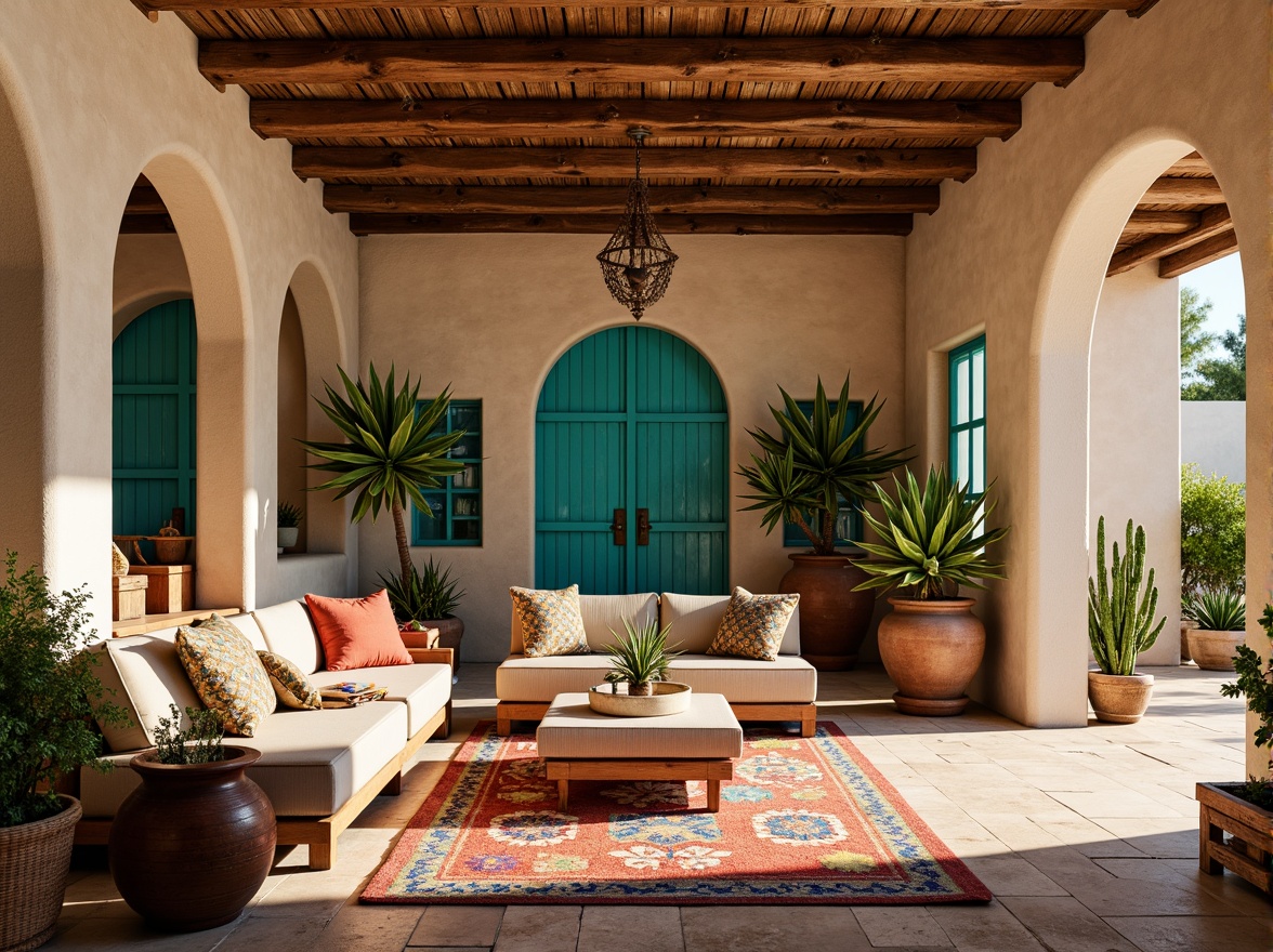 Prompt: Vibrant turquoise accents, rustic wooden beams, earthy terracotta pots, lush green cacti, colorful woven textiles, geometric patterned rugs, warm beige stucco walls, arched windows, ornate metal door hardware, distressed leather furniture, natural stone fireplaces, desert botanicals, sunny afternoon light, shallow depth of field, 3/4 composition, panoramic view, realistic textures, ambient occlusion.