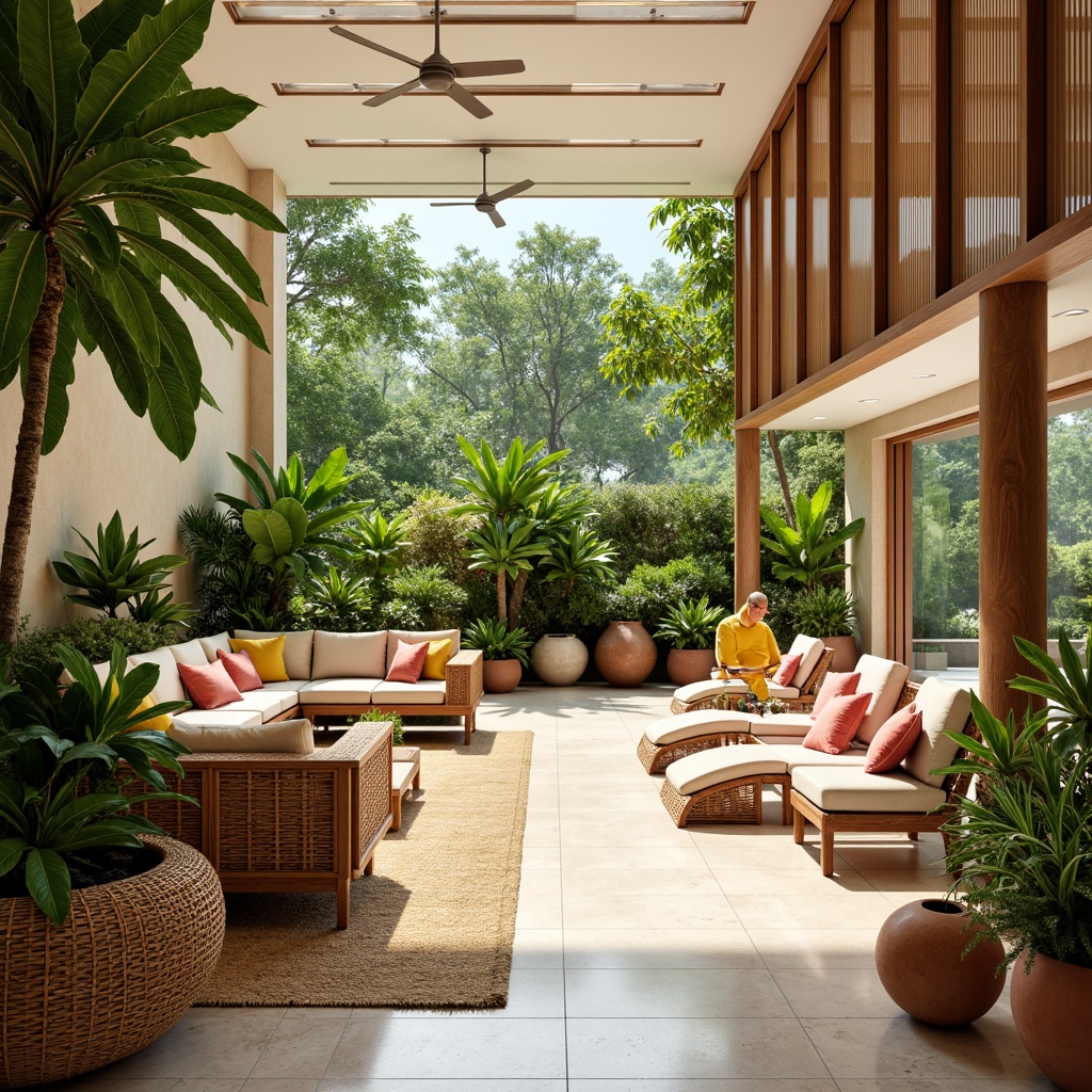 Prompt: Vibrant tropical interior, lush greenery, exotic flowers, wooden accents, natural textures, rattan furniture, woven baskets, earthy terracotta pots, warm beige walls, soft sandy floors, calming turquoise hues, pops of coral pink, sunny yellow accents, bright white ceilings, airy open spaces, natural light pouring in, shallow depth of field, 3/4 composition, panoramic view, realistic textures, ambient occlusion.