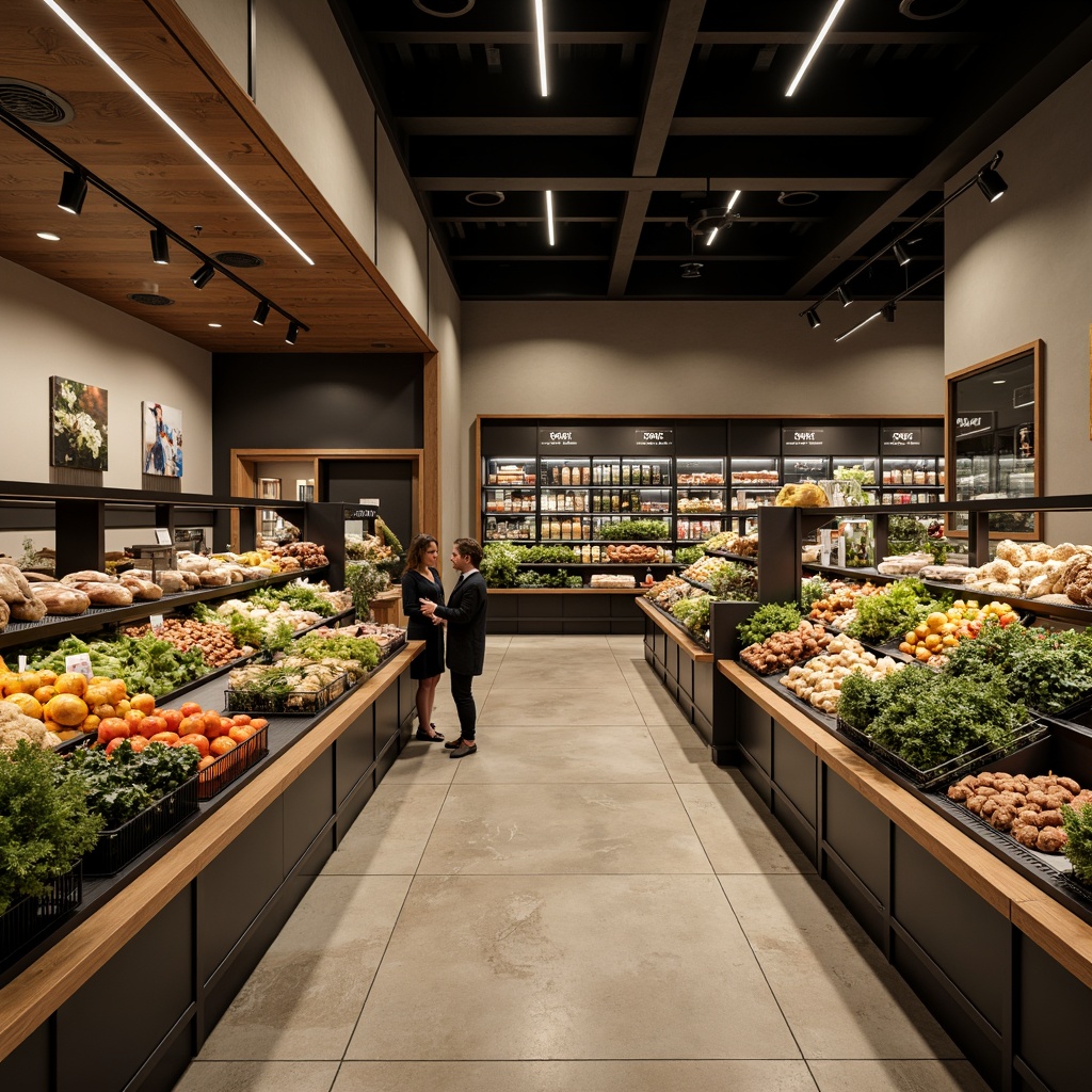 Prompt: Sleek grocery store interior, minimalist decor, soft warm lighting, subtle shadows, natural stone floors, industrial metal shelving, clean lines, simplicity emphasis, functional layout, neutral color palette, matte finishes, subtle branding, recessed lighting, ambient glow, 1/1 composition, shallow depth of field, realistic textures, soft focus effect.