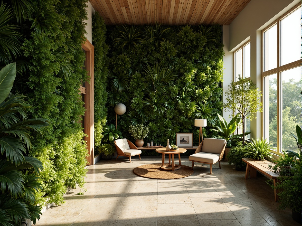 Prompt: Vibrant green walls, living plant installations, natural stone floors, reclaimed wood accents, floor-to-ceiling windows, abundant daylight, lush foliage, tropical plants, hanging gardens, botanical patterns, organic textures, earthy tones, calming ambiance, soft warm lighting, shallow depth of field, 3/4 composition, panoramic view, realistic renderings.