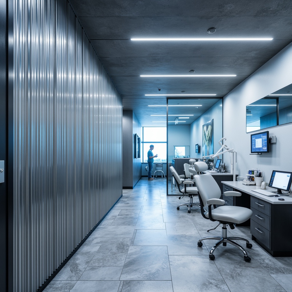 Prompt: Modern dental clinic interior, corrugated metal accents, sleek silver tones, minimalist design, sterile atmosphere, professional lighting, ergonomic furniture, hygienic surfaces, stainless steel equipment, glass partitions, natural stone floors, calming blue color scheme, soft overhead lighting, shallow depth of field, 3/4 composition, realistic textures, ambient occlusion.