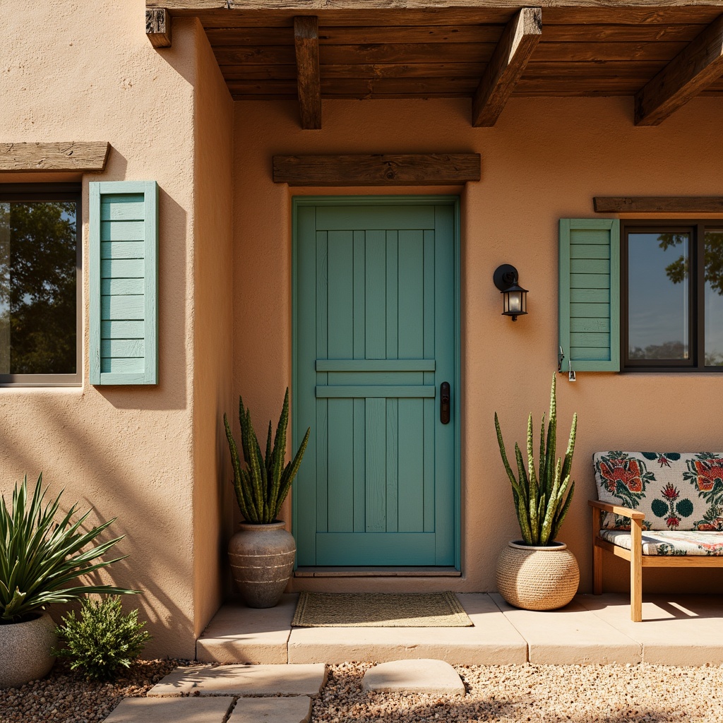 Prompt: Adobe earth-toned stucco walls, rustic wooden accents, natural stone veneers, distressed wooden shutters, vibrant turquoise hues, sandy beige tones, rough-hewn wooden beams, woven Native American-inspired textiles, desert flora patterns, warm golden lighting, shallow depth of field, 1/2 composition, realistic textures, ambient occlusion.