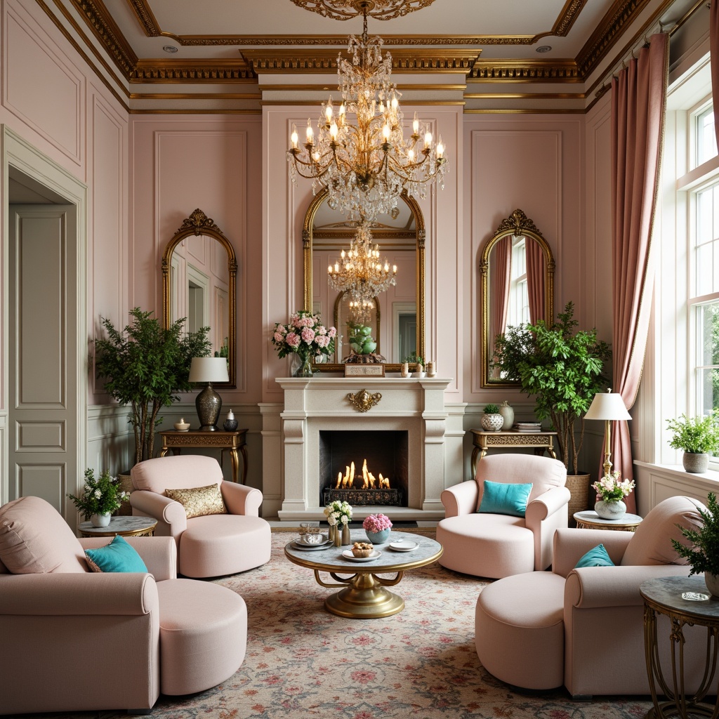 Prompt: Luxurious gold accents, soft blush pink hues, creamy whites, rich turquoise blues, intricate ornate patterns, lavish furnishings, ornamental mirrors, delicate florals, velvet drapes, gilded frames, sparkling chandeliers, warm candlelight, shallow depth of field, 2/3 composition, elegant curves, refined textures, subtle gradient effects.