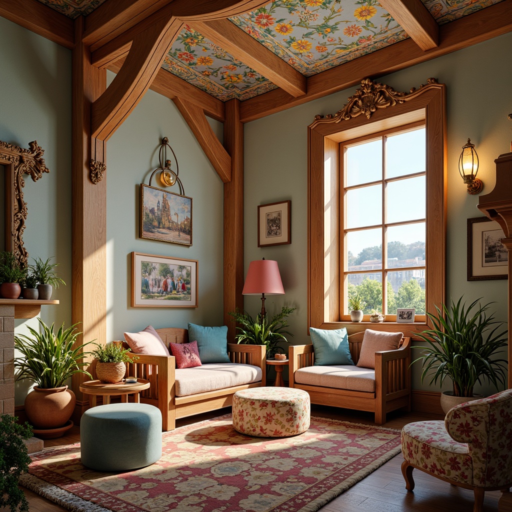 Prompt: Whimsical kids' room, ornate wooden furniture, curved lines, flowing patterns, vibrant colors, stained glass lamps, intricate carvings, plush textiles, velvet fabrics, soft pastel hues, natural materials, hand-painted murals, organic shapes, botanical motifs, sinuous railings, delicate ironwork, warm cozy lighting, shallow depth of field, 1/1 composition, realistic textures, ambient occlusion.