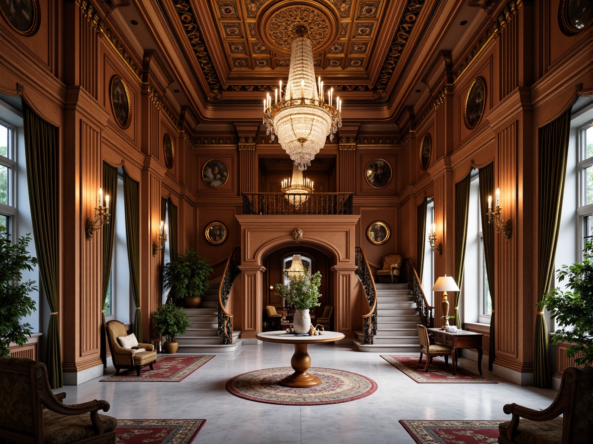 Prompt: Ornate traditional mansion, grand entrance hall, crystal chandelier, intricately carved wooden paneling, luxurious velvet drapes, golden accents, antique furniture, patterned rugs, marble flooring, lavish staircase, ornamental ceiling design, warm soft lighting, shallow depth of field, 1/1 composition, realistic textures, ambient occlusion.