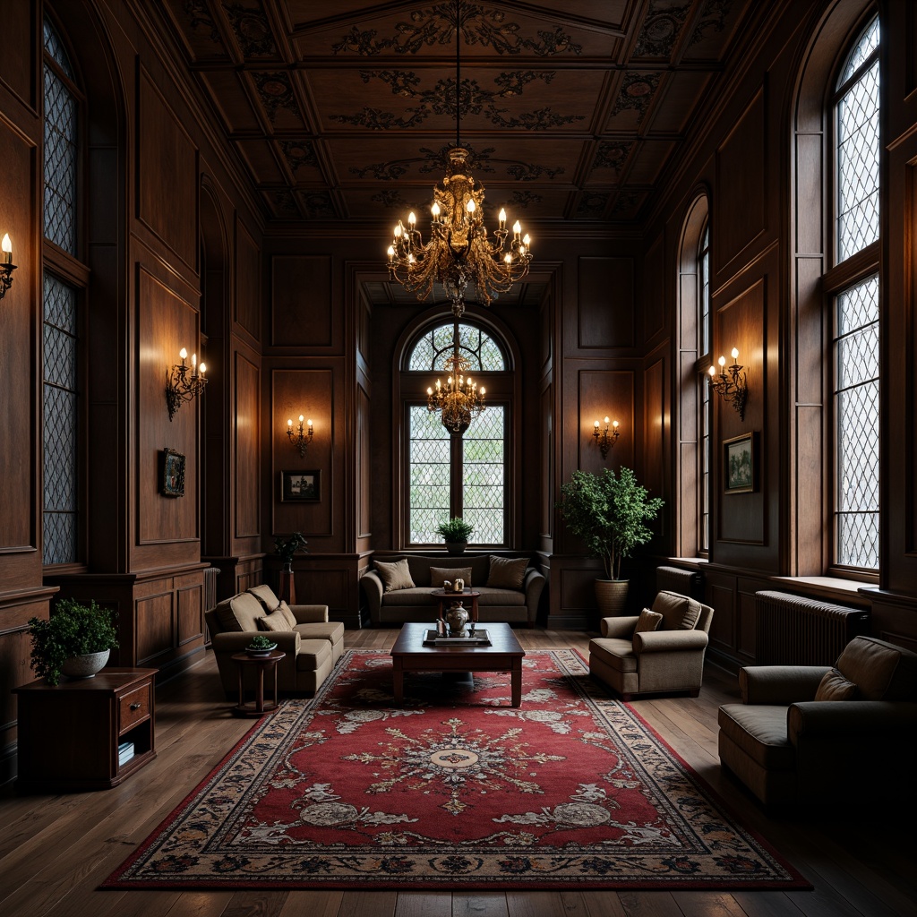 Prompt: Dark academia atmosphere, rich wood tones, luxurious velvet fabrics, ornate stone carvings, mystical stained glass windows, grandiose chandeliers, mysterious alcoves, antique furnishings, vintage tapestries, dim warm lighting, subtle shadows, 1/2 composition, soft focus, realistic textures, ambient occlusion.