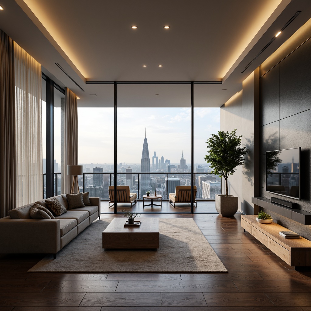 Prompt: Luxurious penthouse, sleek modern architecture, floor-to-ceiling windows, breathtaking cityscape views, rich wood flooring, lavish furnishings, sophisticated neutral tones, creamy whites, deep charcoals, bold accent walls, metallic finishes, ambient lighting, dramatic shading, 1/1 composition, cinematic mood, high-end textures, subtle noise reduction.