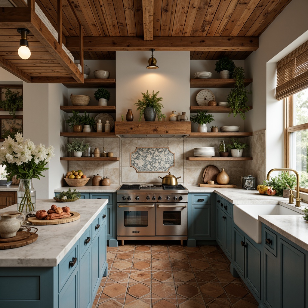 Prompt: Warm earthy tones, rich wood accents, creamy whites, soft blues, muted greens, rustic bronze hardware, natural stone countertops, wooden cabinets, distressed finishes, vintage decorative tiles, earthy ceramics, woven textiles, floral patterns, warm ambient lighting, shallow depth of field, 1/2 composition, realistic textures, cozy atmosphere.