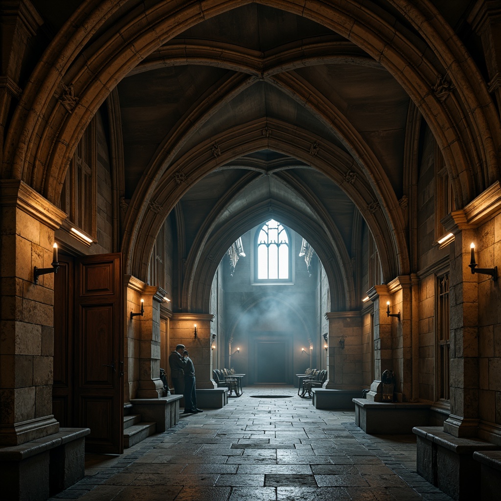 Prompt: Grandiose archways, ornate carvings, ribbed vaults, pointed windows, flying buttresses, majestic entrance halls, Gothic revival style, weathered stone walls, intricate stonework, mysterious ambiance, dim warm lighting, dramatic shadows, 1/2 composition, low-angle shot, atmospheric fog, mystical atmosphere.