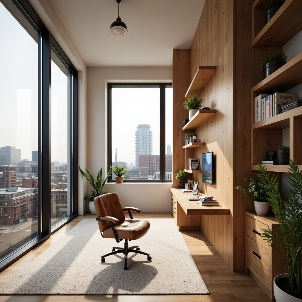 Prompt: Modern home office, ergonomic chair, adjustable desk height, compact shelving units, minimalist decor, warm wood tones, natural light, floor-to-ceiling windows, urban cityscape view, cozy atmosphere, task lighting, 1/1 composition, shallow depth of field, realistic textures, ambient occlusion.