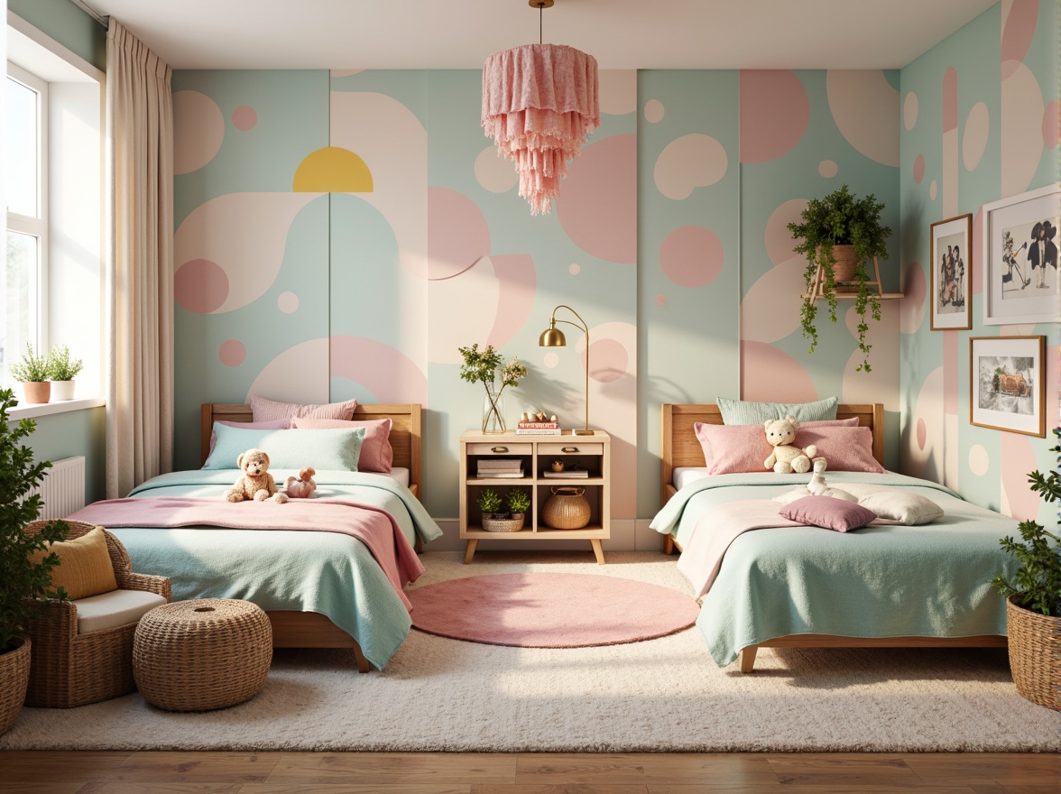 Prompt: Whimsical kid's bedroom, soft plush carpets, cozy throw blankets, vibrant colorful fabrics, playful polka dots, gentle pastel hues, comfortable seating areas, oversized pillows, sturdy wooden furniture, natural woven textiles, subtle sheen fabrics, delicate lace trims, sweet feminine florals, energetic boyish stripes, fun cartoon character prints, soothing warm lighting, shallow depth of field, 1/1 composition, realistic textures, ambient occlusion.