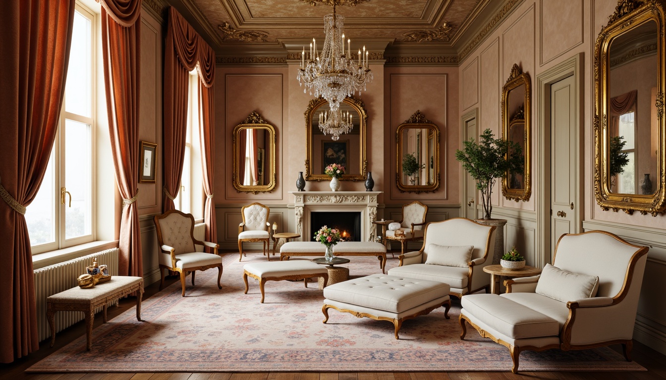 Prompt: Opulent boudoir, lavish velvet drapes, intricately carved gilded frames, ornate mirrors, plush tufted ottomans, Louis XV style chairs, delicate porcelain vases, crystal chandeliers, soft pastel hues, antique wooden paneling, intricate floral patterns, curved lines, golden accents, luxurious fabrics, French country estate, warm afternoon light, shallow depth of field, 1/1 composition, romantic ambiance, realistic textures.