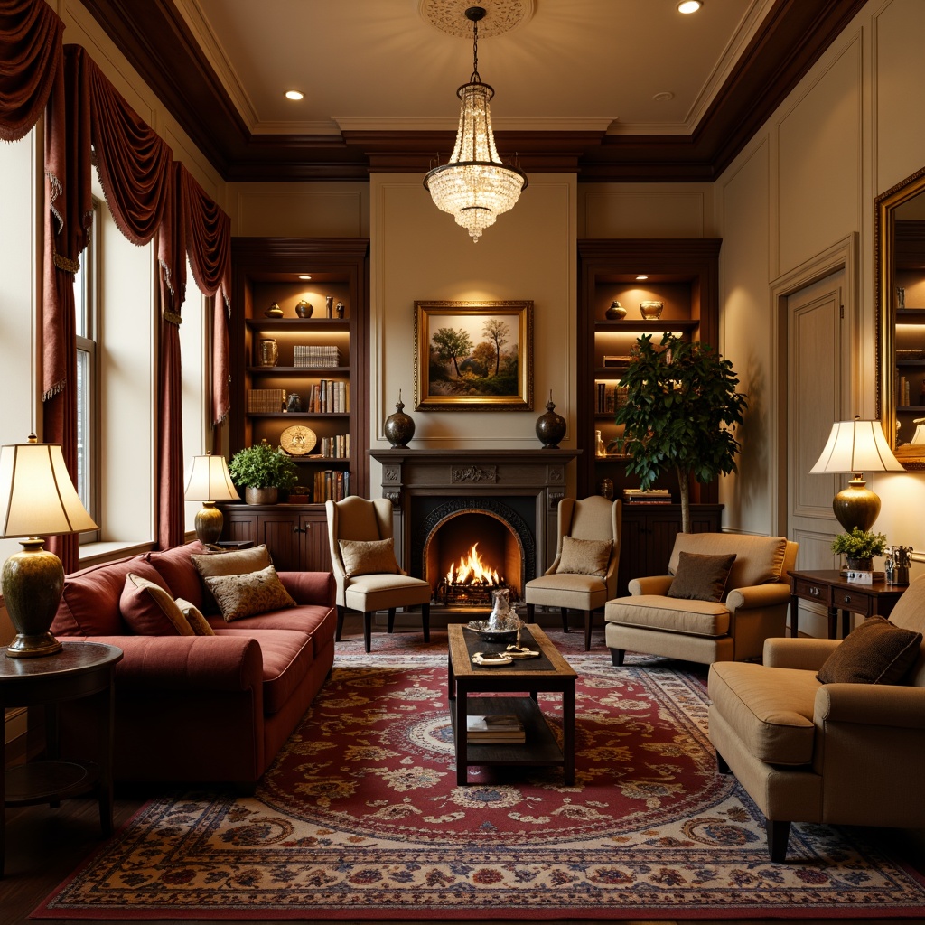 Prompt: Cozy traditional living room, warm beige walls, dark wood furniture, plush velvet sofas, richly patterned rugs, ornate golden frames, soft warm lighting, table lamps, floor lamps, pendant lights, crystal chandeliers, dimmable bulbs, warm white color temperature, 45-degree angle lighting, layered lighting effects, comfortable reading nooks, inviting conversational areas, classic traditional decor, elegant furnishings, refined architectural details.