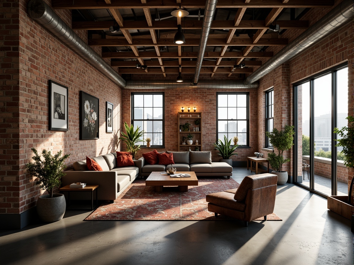 Prompt: Exposed brick walls, industrial chic aesthetic, reclaimed wood accents, metal beam ceilings, concrete floors, minimalist decor, urban loft atmosphere, natural light pouring in, large windows, sliding glass doors, cozy reading nooks, modern sectional sofas, Edison bulb lighting, rustic wooden coffee tables, eclectic art pieces, distressed leather armchairs, rich textiles, warm color palette, atmospheric shadows, shallow depth of field, 2/3 composition, cinematic lighting.