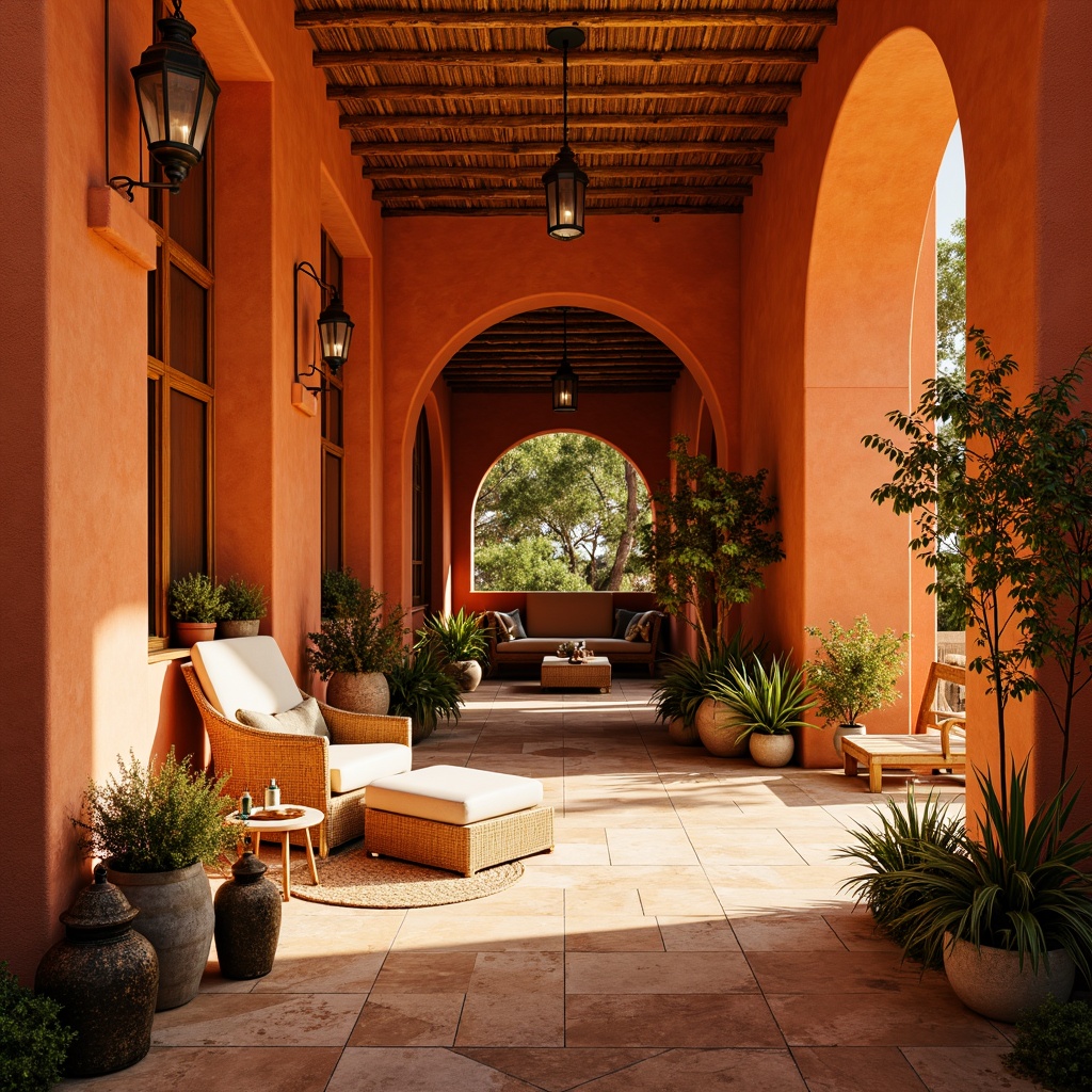 Prompt: Vibrant tangerine hues, warm golden lighting, rich terracotta walls, cozy earthy tones, natural woven textiles, rustic wooden accents, lush greenery, playful geometric patterns, Moroccan-inspired tiles, ornate metal lanterns, sunny afternoon ambiance, shallow depth of field, 1/1 composition, realistic textures.