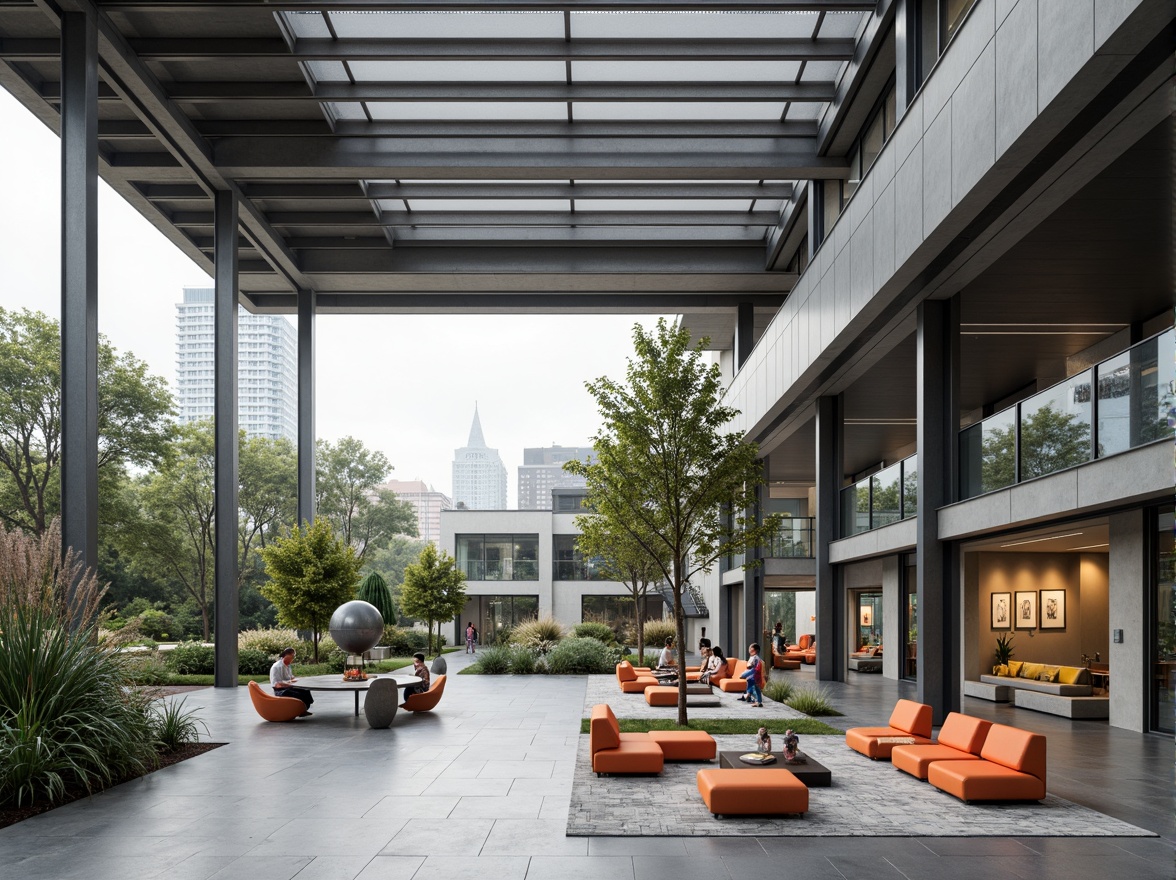 Prompt: Open-air courtyard, minimalist decor, industrial metal beams, polished concrete floors, large glass windows, sliding doors, functional furniture, geometric shapes, primary color accents, abstract art pieces, modern sculptures, urban landscape views, overcast skies, soft diffused lighting, shallow depth of field, 2/3 composition, cinematic perspective, realistic textures, ambient occlusion.