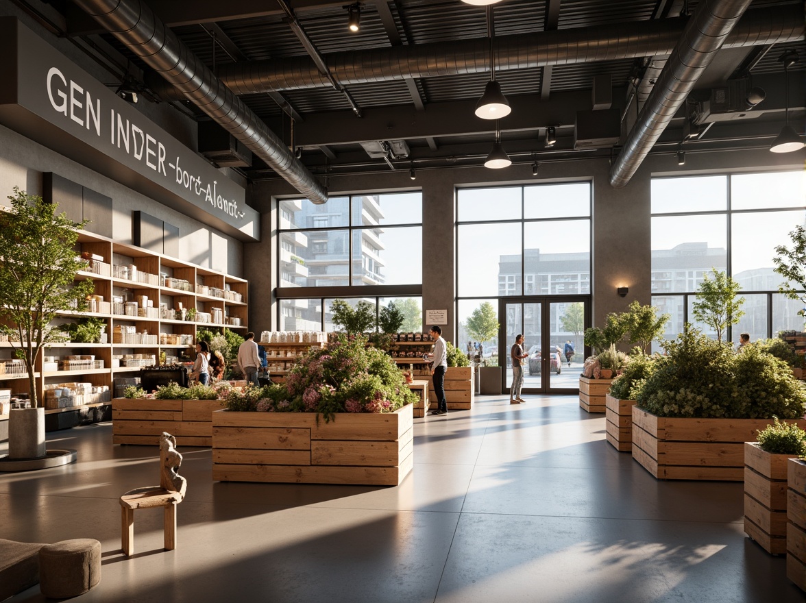 Prompt: Clean minimalist grocery store interior, soft warm overhead lighting, subtle LED accent lights, natural daylight pouring in through large windows, reflective metal shelves, matte finish wooden crates, neutral color palette, simple signage, modern industrial architecture, polished concrete floors, sparse product displays, elegant typography, subtle shadows, 1/2 composition, realistic reflections, ambient occlusion.