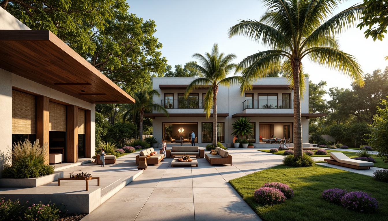 Prompt: Tropical style buildings, natural ventilation systems, large overhanging roofs, wide eaves, louvered windows, sliding glass doors, clerestory windows, high ceilings, exposed wooden beams, woven bamboo blinds, rattan furniture, lush greenery, palm trees, colorful flowers, warm sunny day, soft diffused lighting, 1/2 composition, realistic textures, ambient occlusion.