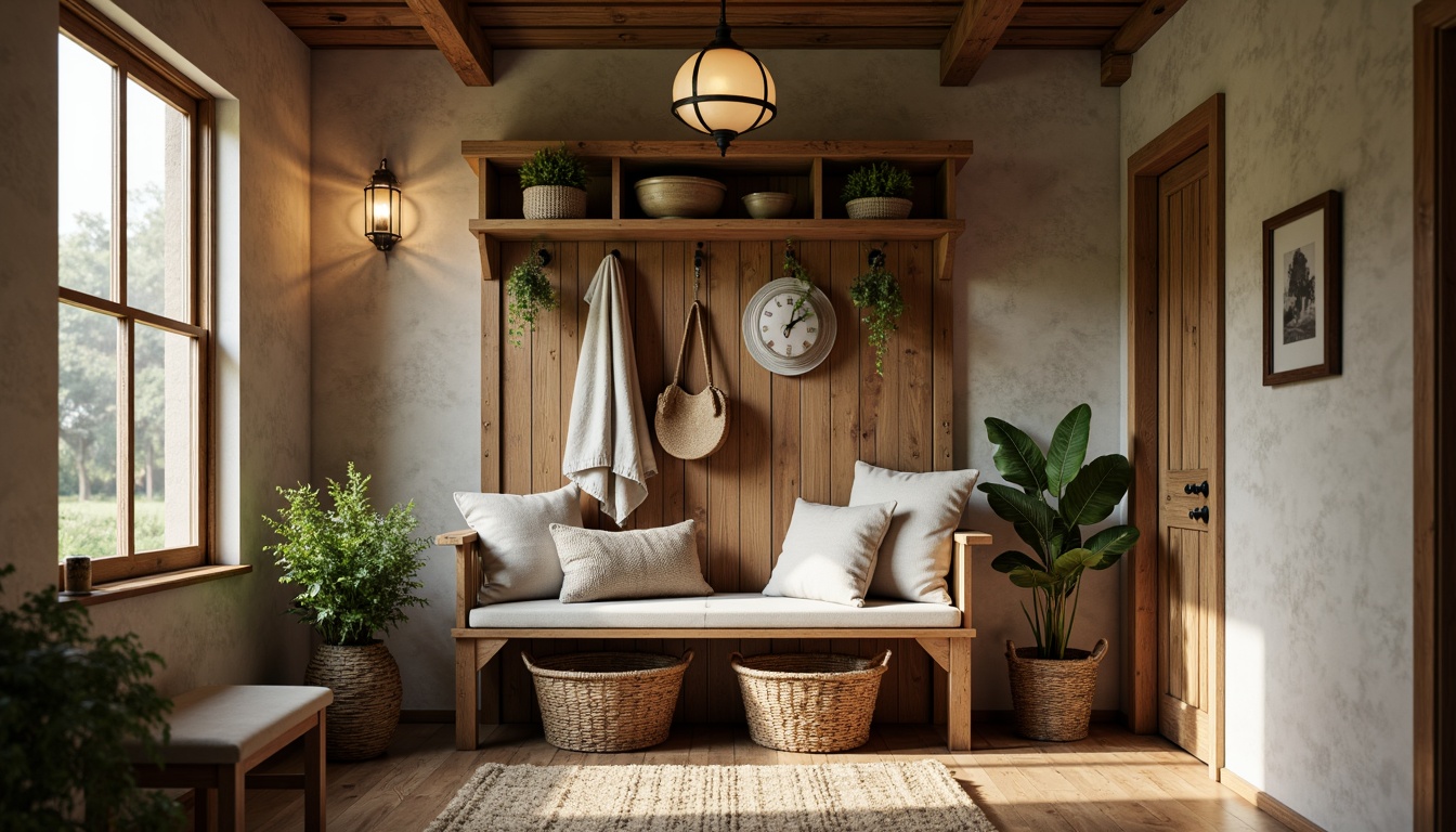 Prompt: Rustic farmhouse mudroom, vintage wooden bench, plush cushion seating, woven wicker baskets, natural jute rug, earthy tone walls, distressed wood accents, metal lantern pendant lighting, warm cozy atmosphere, soft warm glow, shallow depth of field, 1/1 composition, realistic textures, ambient occlusion.