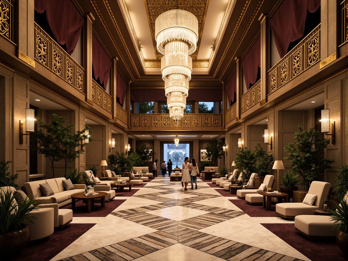 Prompt: Luxurious hotel lobby, ornate chandeliers, geometric patterns, metallic accents, marble floors, opulent furnishings, velvet drapes, intricate moldings, lavish staircases, ornamental railings, gilded details, crystal fixtures, sunburst motifs, zigzag patterns, chevron designs, tropical plants, soft warm lighting, shallow depth of field, 1/1 composition, realistic textures, ambient occlusion.