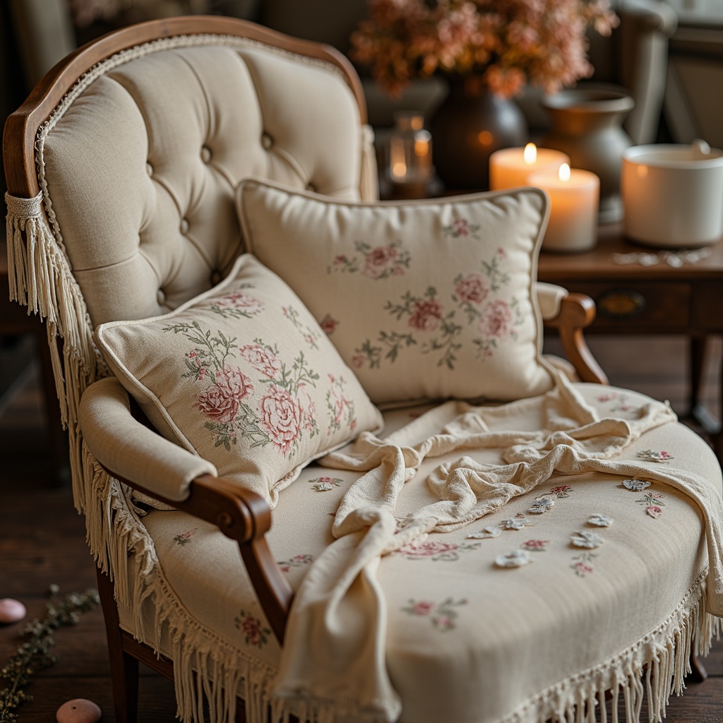 Prompt: Distressed velvet fabrics, subtle lace details, soft pastel hues, romantic florals, vintage-inspired patterns, gentle ruffles, intricate embroidery, warm beige tones, creamy whites, plush cushions, ornate furniture, rustic wooden accents, warm candlelight, cozy atmosphere, shallow depth of field, 1/1 composition, realistic textures, ambient occlusion.