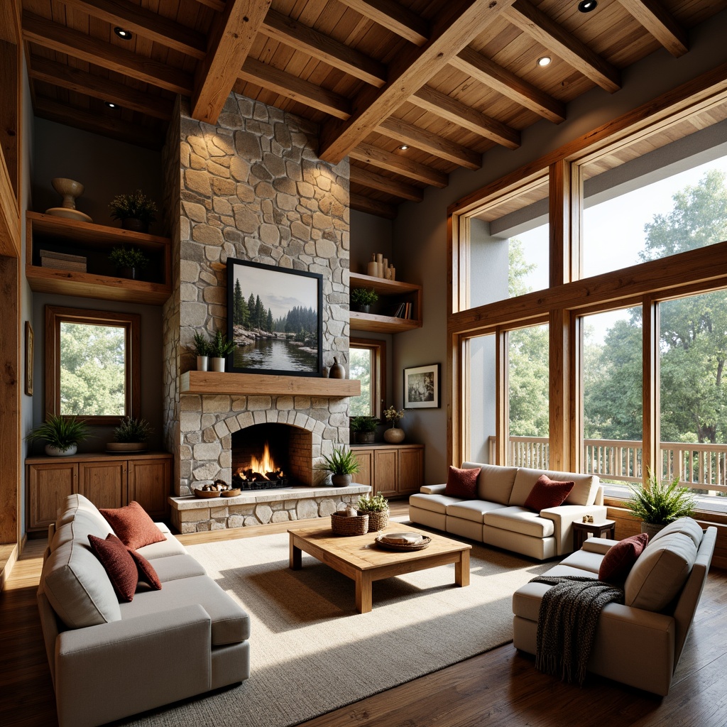 Prompt: Cozy great room, open floor plan, wooden beams, rustic stone fireplace, comfortable seating area, natural textiles, earthy color palette, warm ambient lighting, plush throw blankets, rich wood tones, craftsman style trim, built-in shelving units, large windows, scenic outdoor views, lush greenery, sunny day, soft diffused light, 1/1 composition, intimate atmosphere, inviting furniture arrangements, rustic wooden accents.