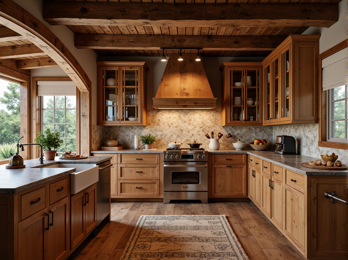 Prompt: Rustic kitchen, craftsman-style cabinetry, warm wood tones, butcher-block countertops, rich brown granite, earthy stone surfaces, vintage metal fixtures, distressed wooden beams, cozy breakfast nook, farmhouse sink, soft warm lighting, 1/1 composition, shallow depth of field, realistic textures.