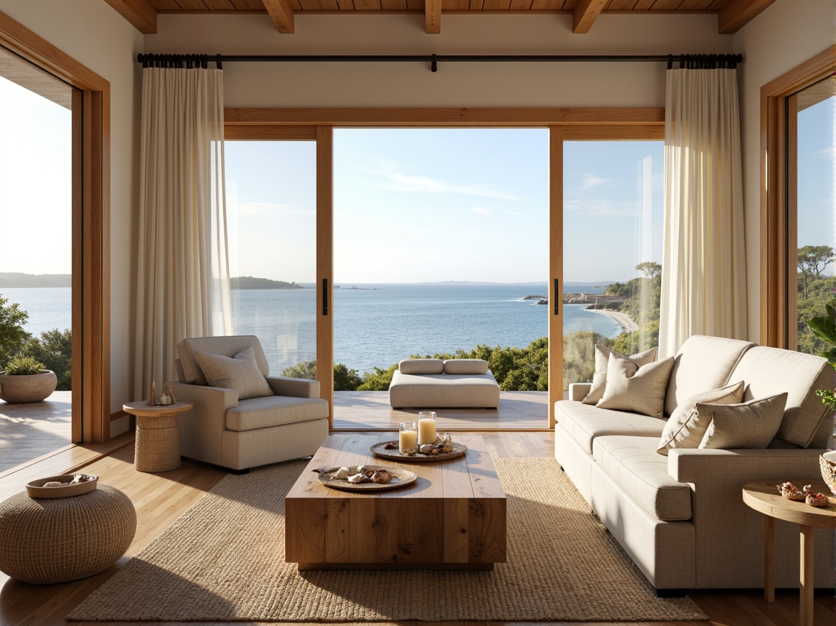 Prompt: Coastal living room, light-filled open space, soothing ocean views, natural wood accents, woven jute rugs, linen-upholstered sofas, driftwood coffee tables, coral-inspired decorative shells, sea-salt scented candles, airy floor-to-ceiling windows, sliding glass doors, soft white curtains, beachy vibe, calm atmosphere, warm golden lighting, shallow depth of field, 3/4 composition, panoramic view, realistic textures, ambient occlusion.