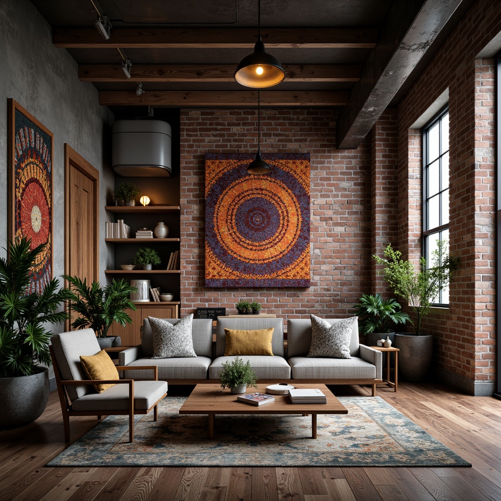 Prompt: Exposed brick walls, industrial metal beams, reclaimed wood accents, distressed concrete floors, urban loft atmosphere, modern textiles integration, vibrant color blocking, geometric patterned fabrics, metallic thread embroidery, industrial chic decor, moody lighting, atmospheric shading, shallow depth of field, 2/3 composition, realistic textures, ambient occlusion.