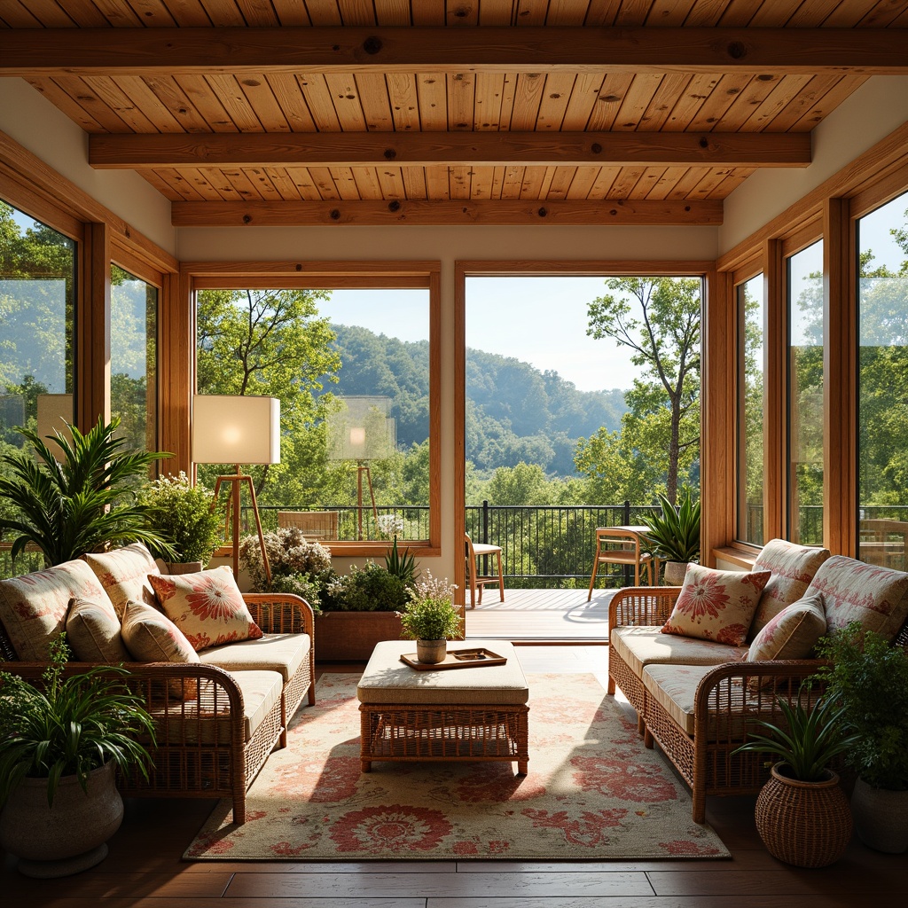 Prompt: Cozy sunroom, warm natural light, comfortable seating, plush cushions, wicker furniture, rattan accents, floral patterns, bright colors, lush greenery, potted plants, sliding glass doors, panoramic views, outdoor-inspired decor, natural textures, woven baskets, earthy tones, relaxing ambiance, soft gentle lighting, 1/1 composition, shallow depth of field, warm inviting atmosphere.