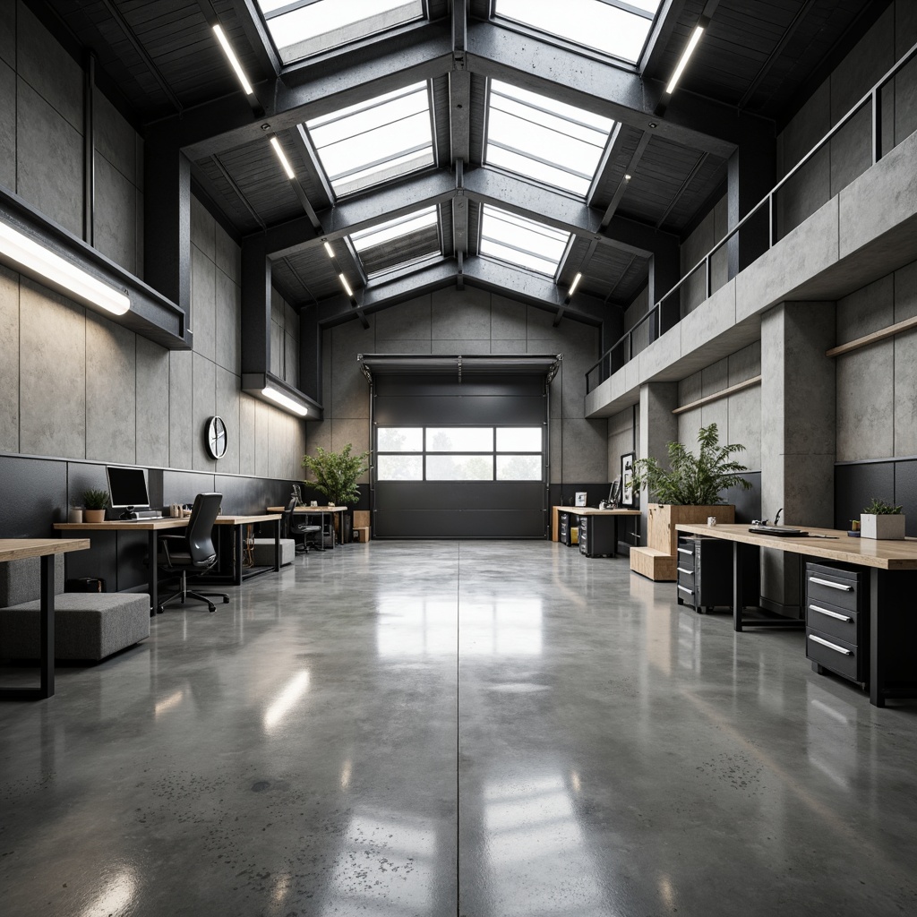 Prompt: Polished concrete floors, industrial chic, minimalist garage space, sleek metallic accents, modern LED lighting, sparse decorative elements, monochromatic color scheme, clean lines, urban loft aesthetic, functional workstations, epoxy resin coatings, matte finishes, subtle texture contrasts, open floor plan, natural light pouring in, overhead skylights, 1/1 composition, high-contrast photography, realistic reflections.