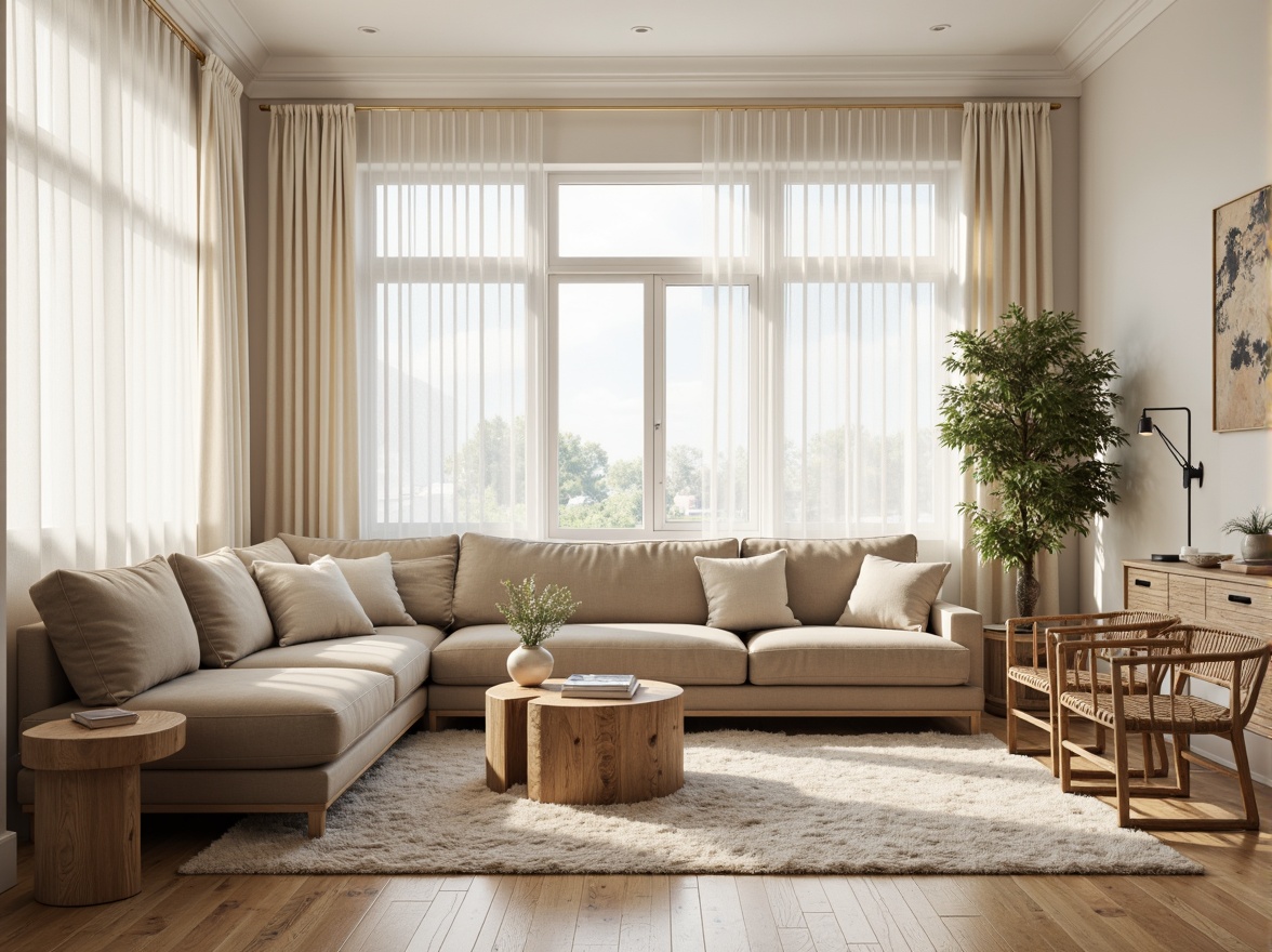 Prompt: Cozy Scandinavian living room, plush area rugs, soft velvet sofas, minimalist wooden coffee tables, woven wicker chairs, natural linen curtains, creamy white walls, warm beige floors, softbox lighting, atmospheric ambiance, 1/2 composition, shallow depth of field, realistic textures, ambient occlusion.