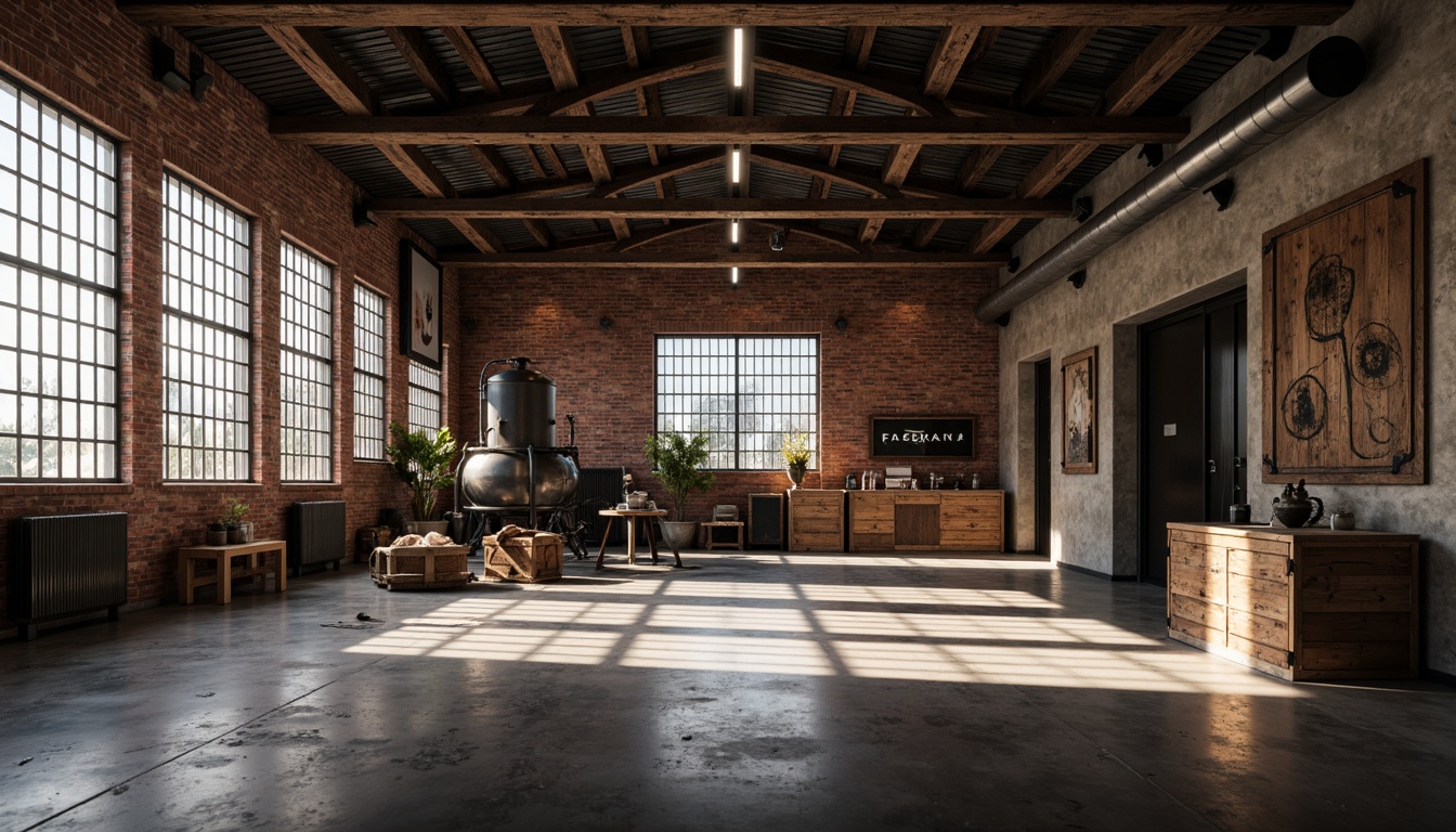 Prompt: Exposed brick walls, metal beams, polished concrete floors, industrial chic decor, reclaimed wood accents, vintage machinery, Edison bulb lighting, urban loft ambiance, distressed finishes, matte black metals, weathered wooden crates, functional storage units, minimalist color palette, high ceilings, open layout, natural light pouring in, softbox lighting, 1/1 composition, cinematic atmosphere, gritty textures, subtle shading.