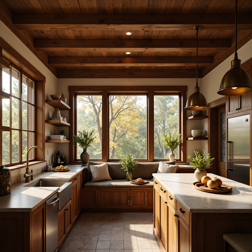 Prompt: Warm kitchen, rustic craftsman style, wooden cabinetry, natural stone countertops, pendant lamps, vintage metal shades, warm bronze finishes, recessed ceiling lighting, soft ambient glow, cozy breakfast nook, farmhouse sink, apron-front cabinets, exposed beams, earthy color palette, morning sunlight, shallow depth of field, 1/1 composition, realistic textures, ambient occlusion.