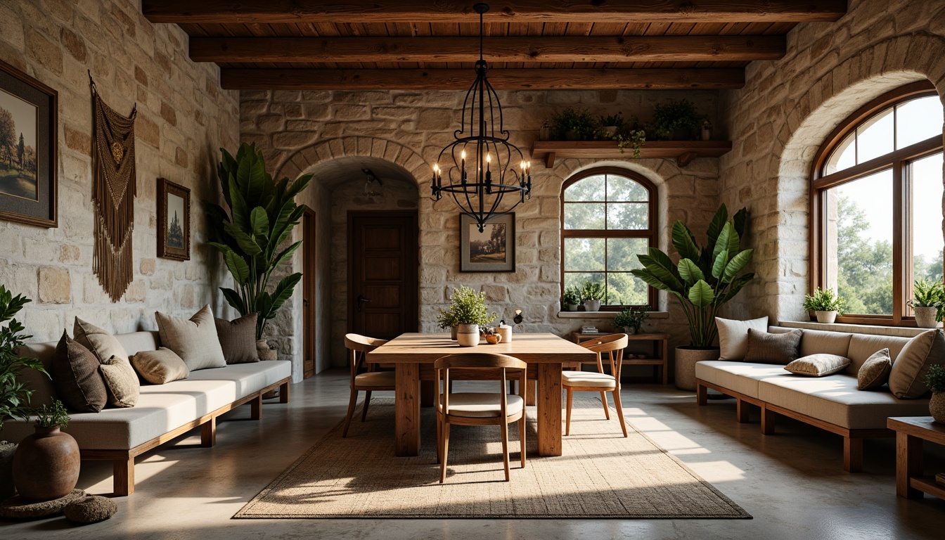 Prompt: Rustic stone walls, earthy tones, organic textures, natural materials, distressed finishes, vintage charm, cozy atmosphere, warm ambient lighting, shallow depth of field, 1/2 composition, realistic renderings, soft focus, subtle color palette.