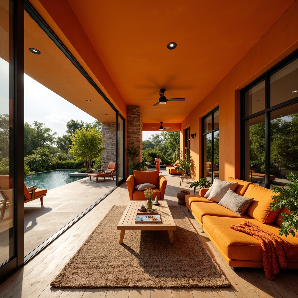 Prompt: Vibrant tangerine-colored modern villa, sleek lines, minimalist design, large windows, sliding glass doors, open-plan living area, warm wooden flooring, cozy throw blankets, plush sofas, eclectic decorative accents, lush greenery, potted plants, natural stone walls, ambient warm lighting, shallow depth of field, 3/4 composition, realistic textures.