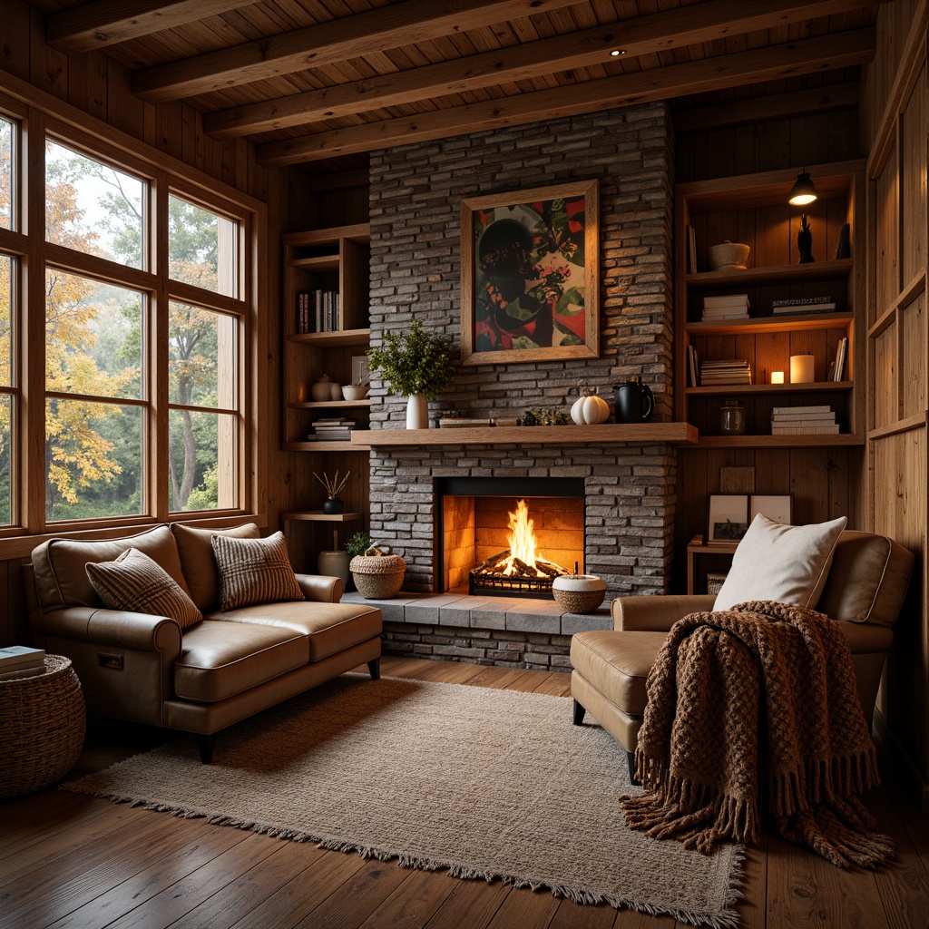 Prompt: Cozy cabin, rustic wooden walls, plush throw blankets, woven baskets, natural fiber rugs, earthy color palette, warm golden lighting, crackling fireplace, comfortable reading nook, oversized pillows, soft velvet fabrics, chunky knit textiles, vintage-inspired quilts, distressed leather armchairs, rich wood accents, autumnal forest scenery, misty morning atmosphere, 1/1 composition, intimate warm lighting, realistic fabric textures.