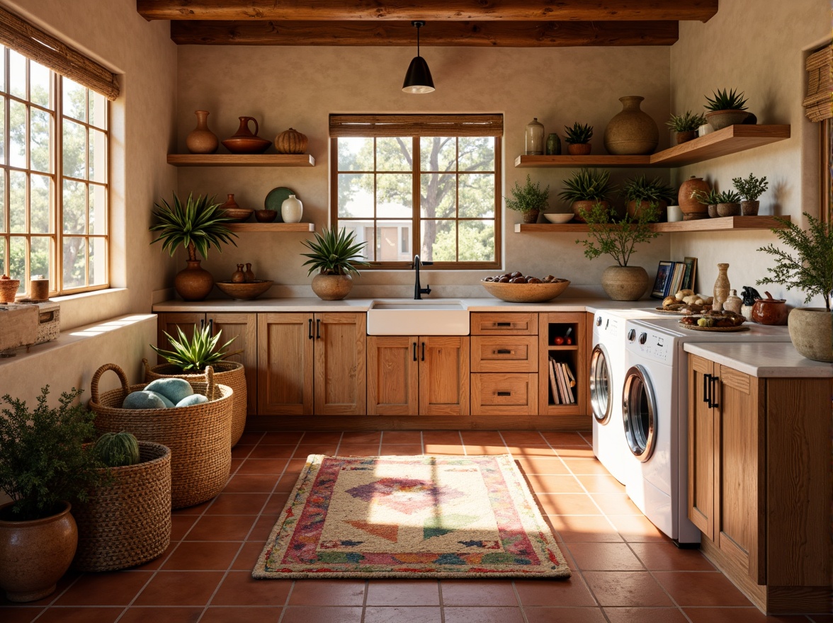 Prompt: Vibrant southwestern laundry room, terracotta tile flooring, earthy tones, rustic wooden cabinets, woven baskets, clay pottery accents, colorful textiles, geometric patterns, natural light pouring in, warm beige walls, soft cream-colored countertops, modern appliances, sleek metal hardware, desert-inspired botanicals, lush greenery, warm sunny day, shallow depth of field, 1/1 composition, realistic textures, ambient occlusion.