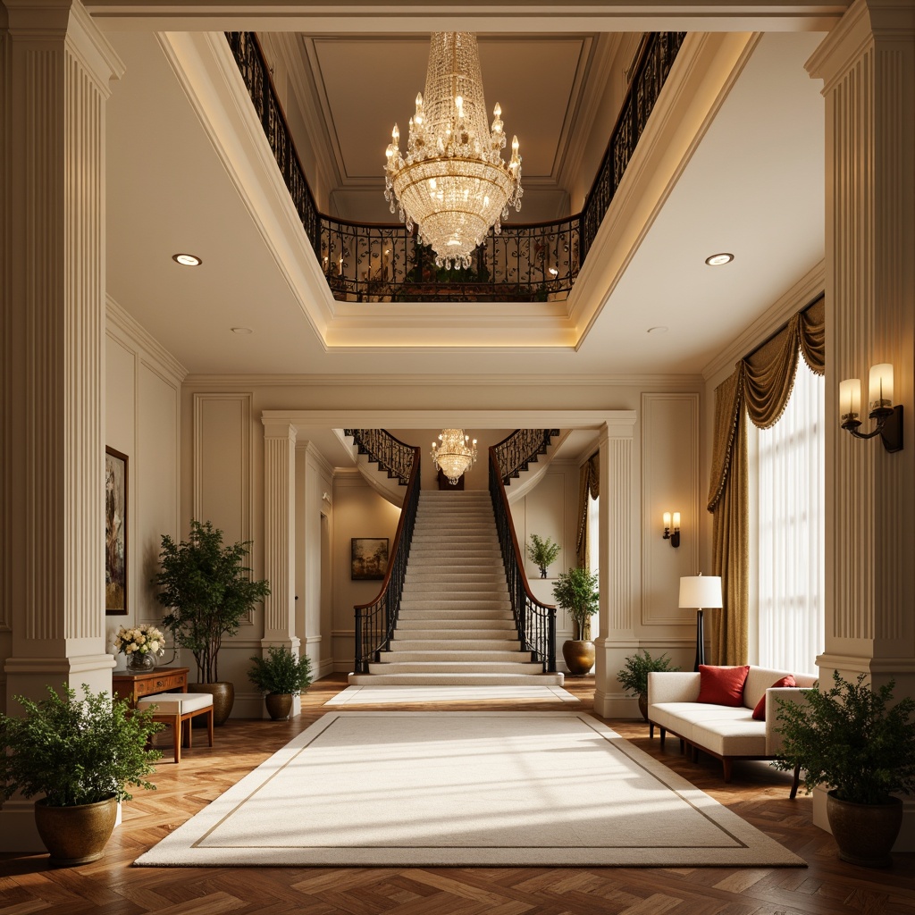 Prompt: Elegant hall interior, sophisticated color palette, neutral beige walls, rich walnut wood flooring, plush cream carpets, soft gold accents, luxurious velvet furniture, crystal chandeliers, dramatic high ceilings, grand staircase, ornate moldings, warm atmospheric lighting, shallow depth of field, 1/1 composition, realistic textures, ambient occlusion.