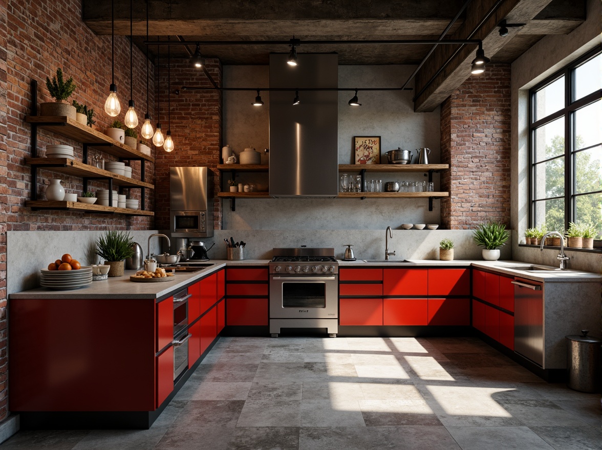 Prompt: Industrial kitchen space, exposed brick walls, concrete countertops, metallic appliances, bold red cabinets, distressed wood accents, Edison bulb lighting, rugged stone flooring, minimalist decor, brutalist architecture, functional layouts, high ceilings, urban loft atmosphere, dramatic shadows, low-key lighting, 1/1 composition, moody color palette, realistic textures, ambient occlusion.