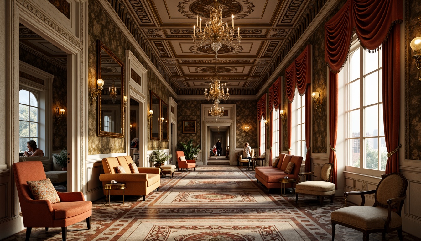 Prompt: Ornate Rococo-style interior, lavish furnishings, intricate tile patterns, golden accents, ornamental mirrors, crystal chandeliers, marble floors, velvet drapes, luxurious fabrics, soft warm lighting, shallow depth of field, 1/2 composition, realistic textures, ambient occlusion, elegant curves, Baroque-inspired details, grandiose architectural elements, lavish decorations, intricate mosaics, vintage accessories.