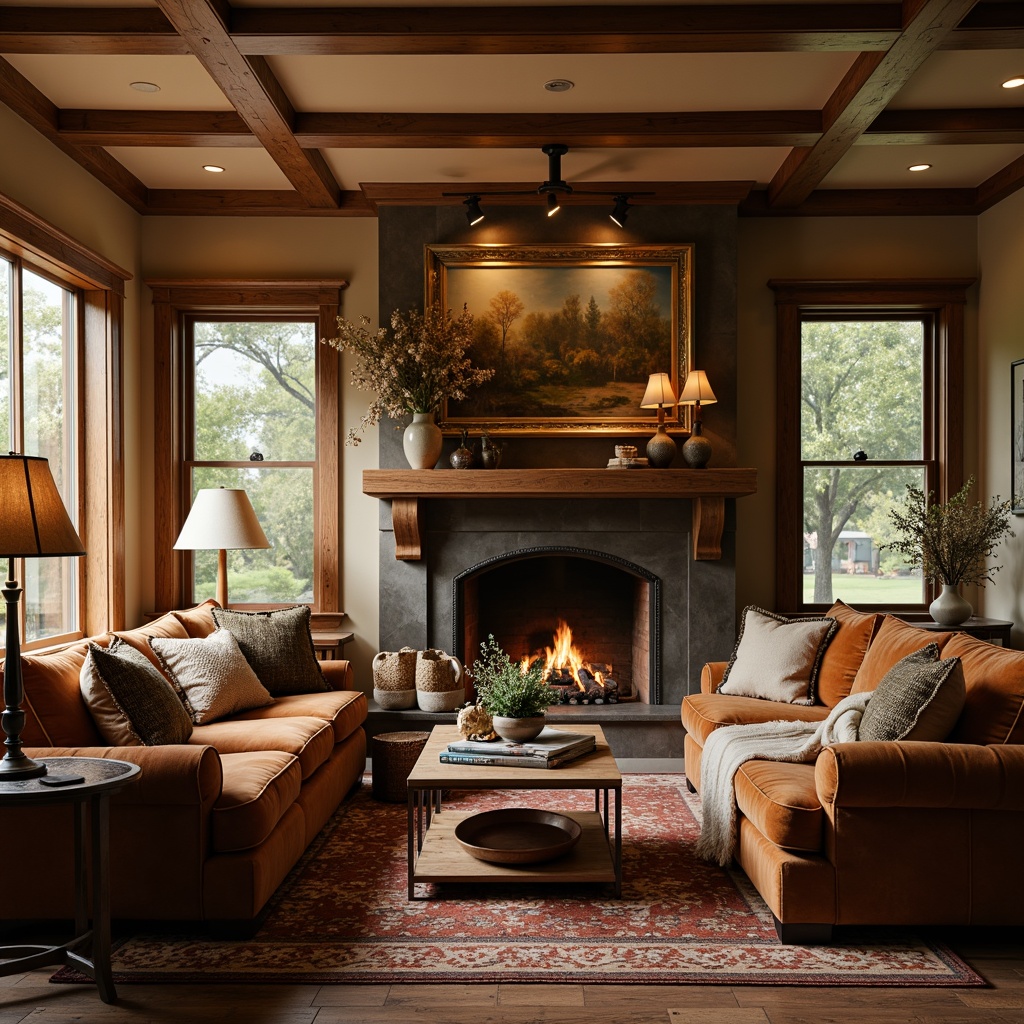 Prompt: Cozy traditional living room, warm beige walls, dark wood furniture, plush velvet sofas, rustic wooden coffee tables, vintage metal lamps, soft golden lighting, richly patterned rugs, comfortable throw pillows, natural linen fabrics, earthy terracotta vases, crackling fireplace, ornate wooden frames, luxurious faux fur throws, inviting atmosphere, 1/1 composition, warm color palette, shallow depth of field.