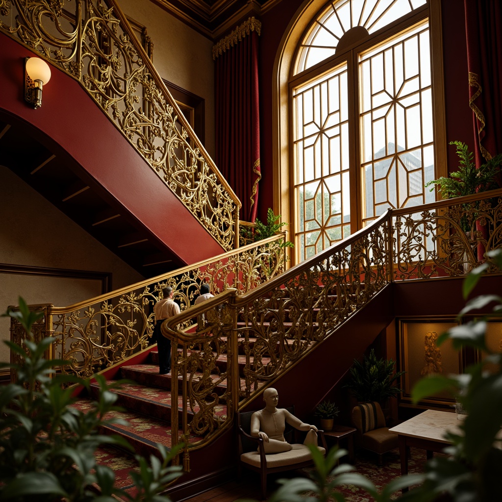 Prompt: Intricate ornate railings, flowing organic lines, botanical motifs, sinuous curves, lavish details, rich bronze materials, warm golden lighting, staircase landings, grand stairwells, opulent fabrics, velvet drapes, stained glass windows, dramatic archways, luxurious textures, shallow depth of field, 1/2 composition, soft focus, elegant atmosphere.