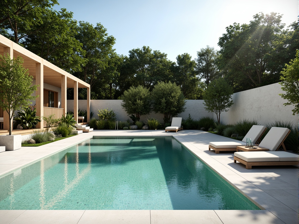 Prompt: Simple rectangular pool, calm turquoise water, sleek stone decks, minimalist lounge chairs, natural stone walls, lush greenery surroundings, warm sunny day, soft diffused light, gentle shadows, subtle reflections, shallow depth of field, 1/1 composition, symmetrical framing, realistic textures, ambient occlusion.