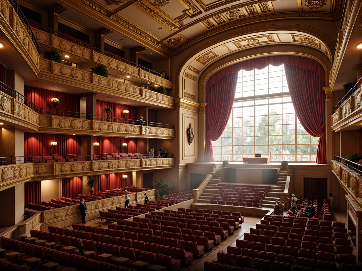 Prompt: Grand opera house, transitional style architecture, ornate golden details, sweeping staircases, red velvet curtains, lavish chandeliers, acoustic panels, sound-absorbing materials, curved walls, tiered seating, intimate performance spaces, natural light pouring in, warm soft lighting, shallow depth of field, 3/4 composition, panoramic view, realistic textures, ambient occlusion.