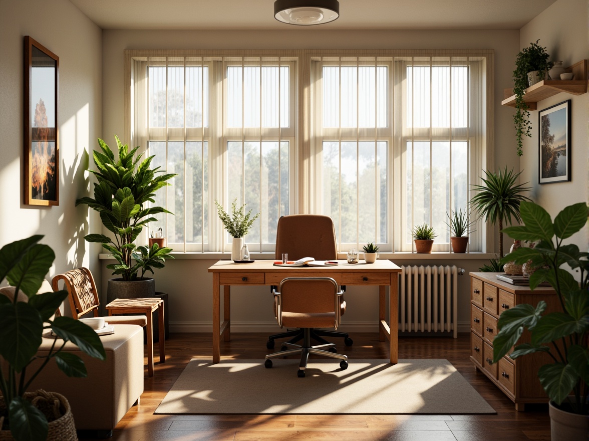 Prompt: Cozy home office, large windows, natural wood desk, ergonomic chair, lush green plants, soft warm lighting, north-facing orientation, minimal window treatments, sheer white curtains, light-colored walls, wooden flooring, minimalist decor, plenty of mirrors, reflective surfaces, corner shelves, task lamps, ambient glow, 1/1 composition, shallow depth of field, realistic textures.