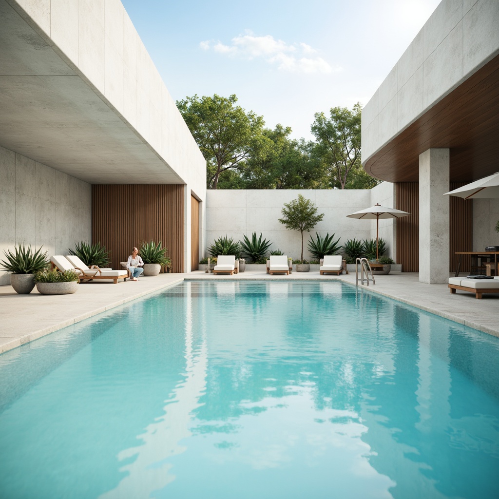 Prompt: Calm swimming pool, serene water surface, soft blue hues, creamy whites, gentle turquoise accents, minimalist modern architecture, sleek concrete surroundings, subtle wood textures, natural stone coping, simple lounge chairs, umbrella tables, refreshing misting systems, warm sunny day, shallow depth of field, 3/4 composition, realistic water reflections, ambient occlusion.